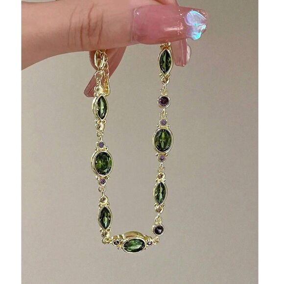 Gold Gemstone Link Bracelet Smlated Peridot & Amethyst Crystal Multicolor Charm - Picture 3 of 5